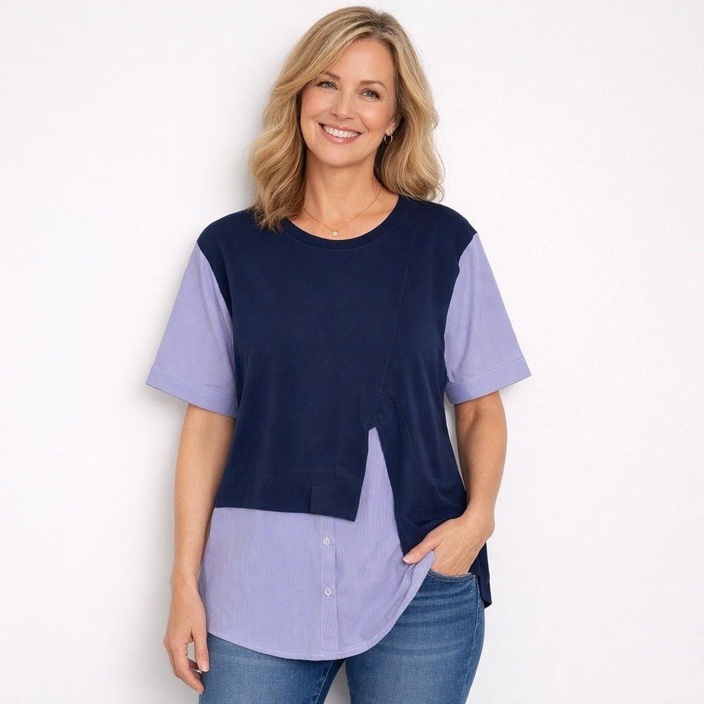Alembika Schoolgirl Tunic Top Shirt Size S Navy Blue Striped Combo Lagenlook